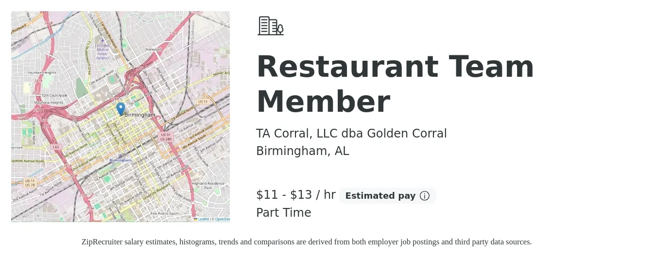 TA Corral, LLC dba Golden Corral job posting for a Restaurant Team Member in Birmingham, AL with a salary of $12 to $14 Hourly with a map of Birmingham location.