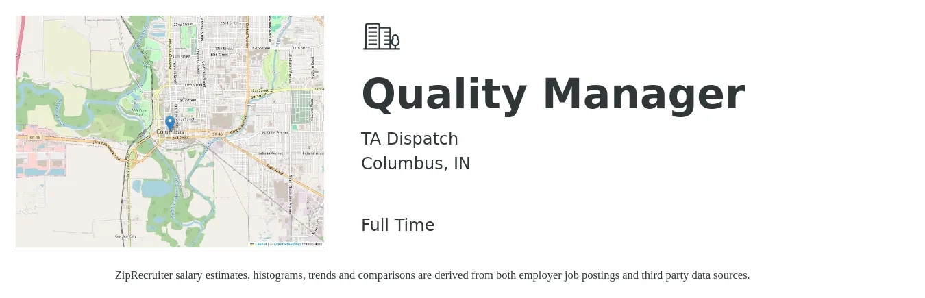 TA Dispatch job posting for a Quality Manager in Columbus, IN with a salary of $65,600 to $102,300 Yearly with a map of Columbus location.