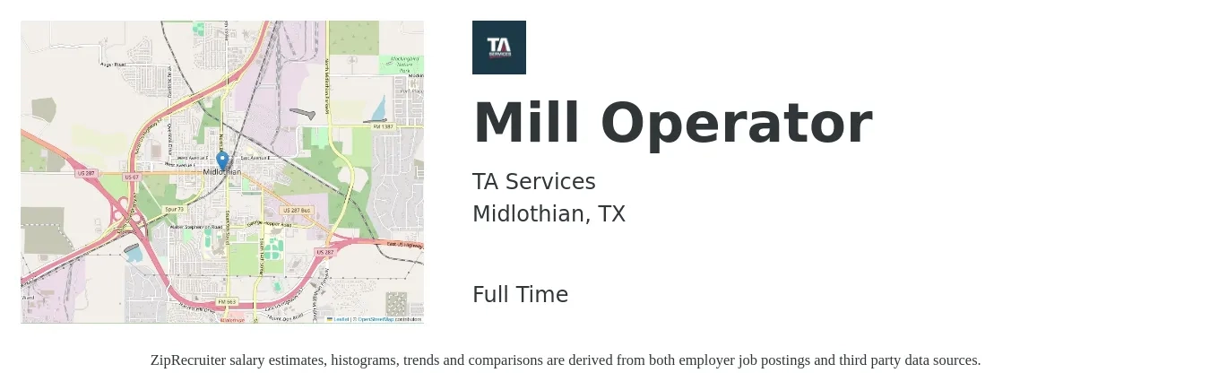 TA Services job posting for a Mill Operator in Midlothian, TX with a salary of $16 Hourly with a map of Midlothian location.
