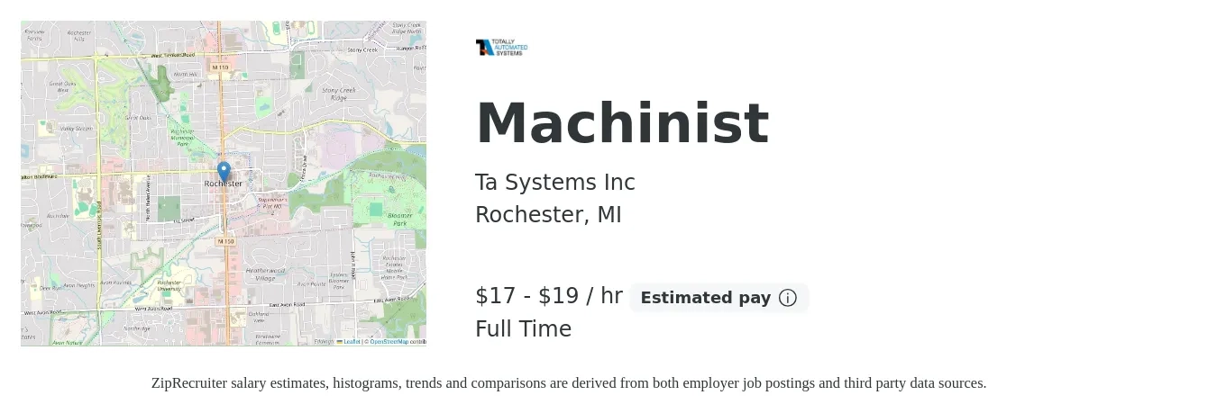 Ta Systems Inc job posting for a Machinist in Rochester, MI with a salary of $18 to $20 Hourly with a map of Rochester location.