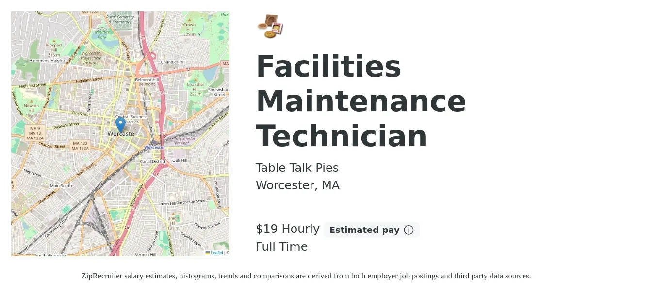 Table Talk Pies job posting for a Facilities Maintenance Technician in Worcester, MA with a salary of $20 Hourly with a map of Worcester location.
