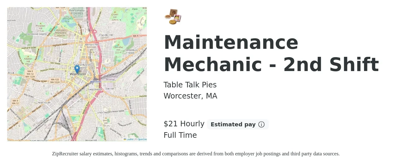 Table Talk Pies job posting for a Maintenance Mechanic - 2nd Shift in Worcester, MA with a salary of $22 Hourly with a map of Worcester location.