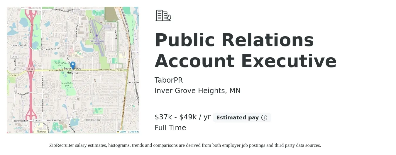 TaborPR job posting for a Public Relations Account Executive in Inver Grove Heights, MN with a salary of $37,440 to $49,920 Yearly with a map of Inver Grove Heights location.