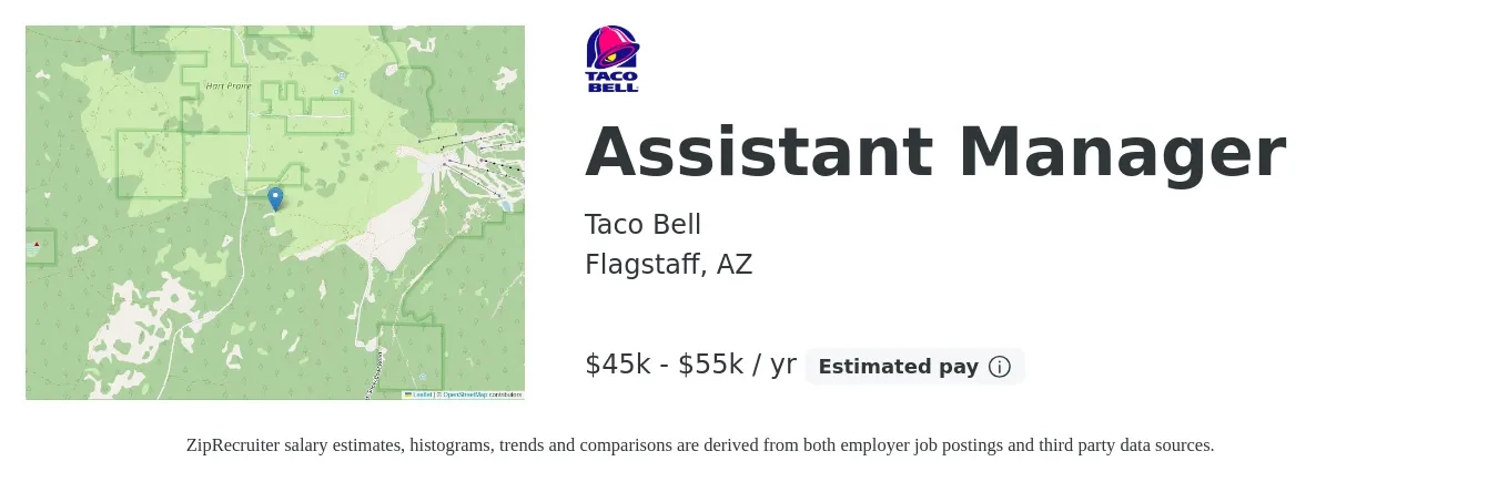 Taco Bell job posting for a Assistant Manager in Flagstaff, AZ with a salary of $45,000 to $55,000 Yearly with a map of Flagstaff location.