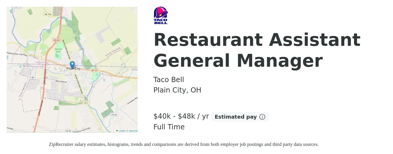 Taco Bell (AFC Brands) job posting for a Restaurant Assistant General Manager in Plain City, OH with a salary of $50,900 to $68,200 Yearly with a map of Plain City location.