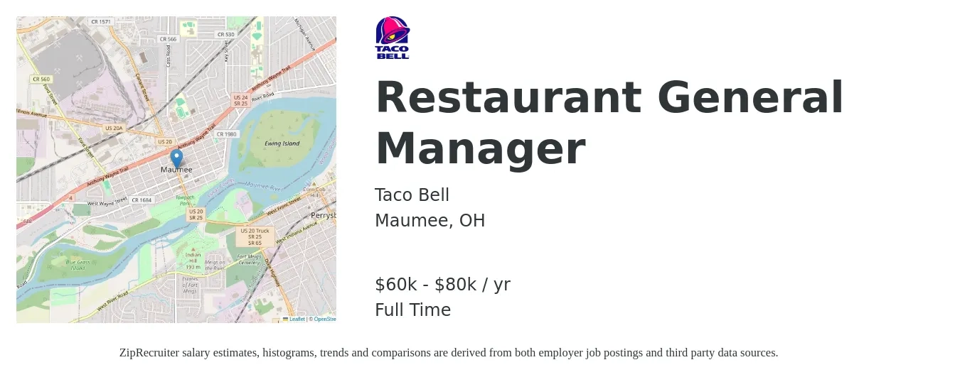 Taco Bell job posting for a Restaurant General Manager in Maumee, OH with a salary of $60,000 to $80,000 Yearly with a map of Maumee location.
