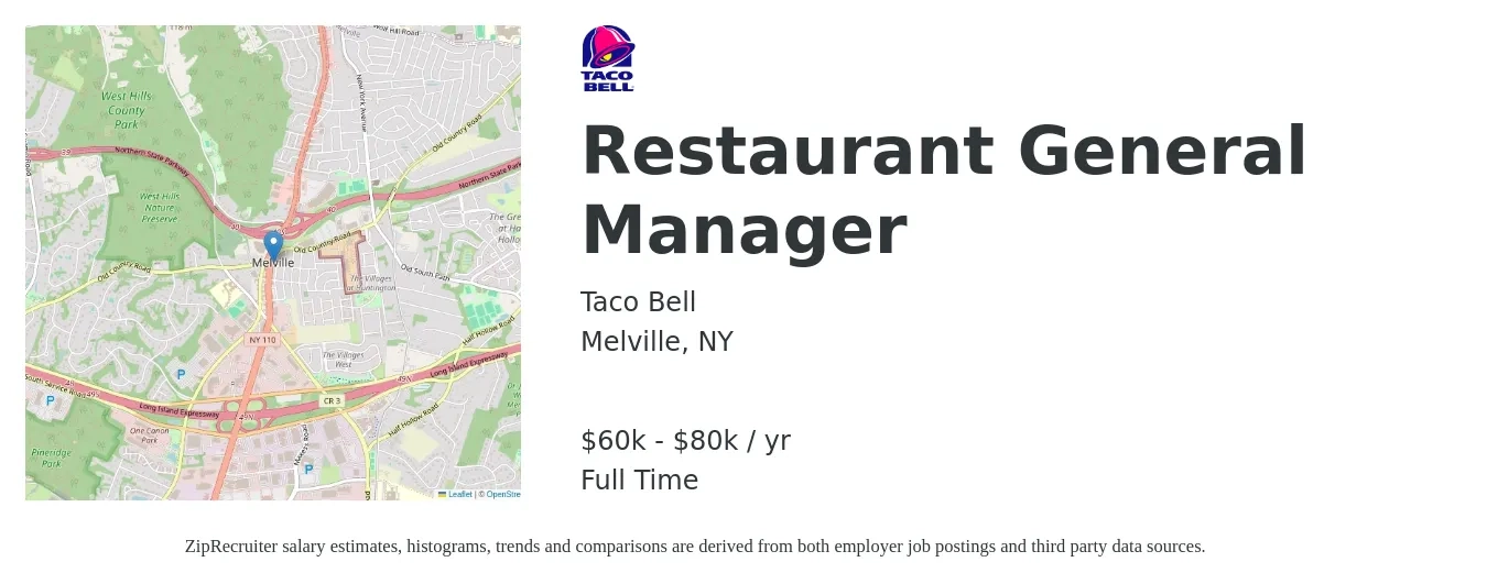 Taco Bell job posting for a Restaurant General Manager in Melville, NY with a salary of $60,000 to $80,000 Yearly with a map of Melville location.