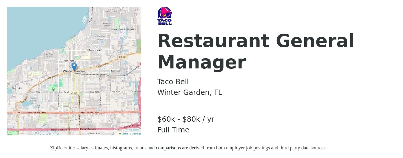 Taco Bell job posting for a Restaurant General Manager in Winter Garden, FL with a salary of $60,000 to $80,000 Yearly with a map of Winter Garden location.