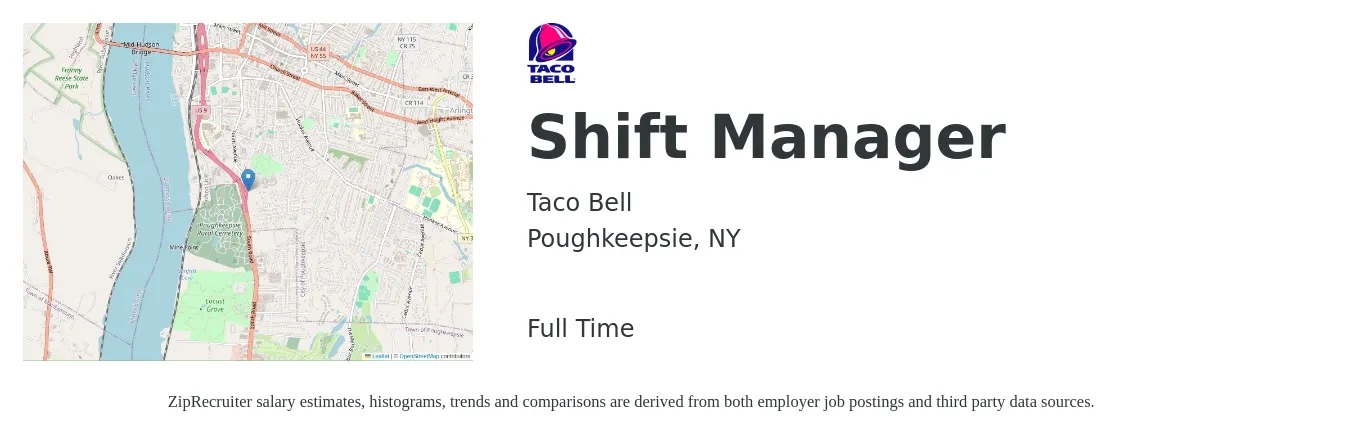 Taco Bell job posting for a Shift Manager in Poughkeepsie, NY with a salary of $15 to $19 Hourly with a map of Poughkeepsie location.