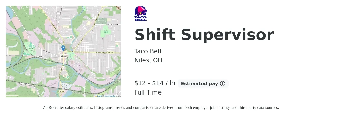 Taco Bell job posting for a Shift Supervisor in Niles, OH with a salary of $13 to $15 Hourly with a map of Niles location.