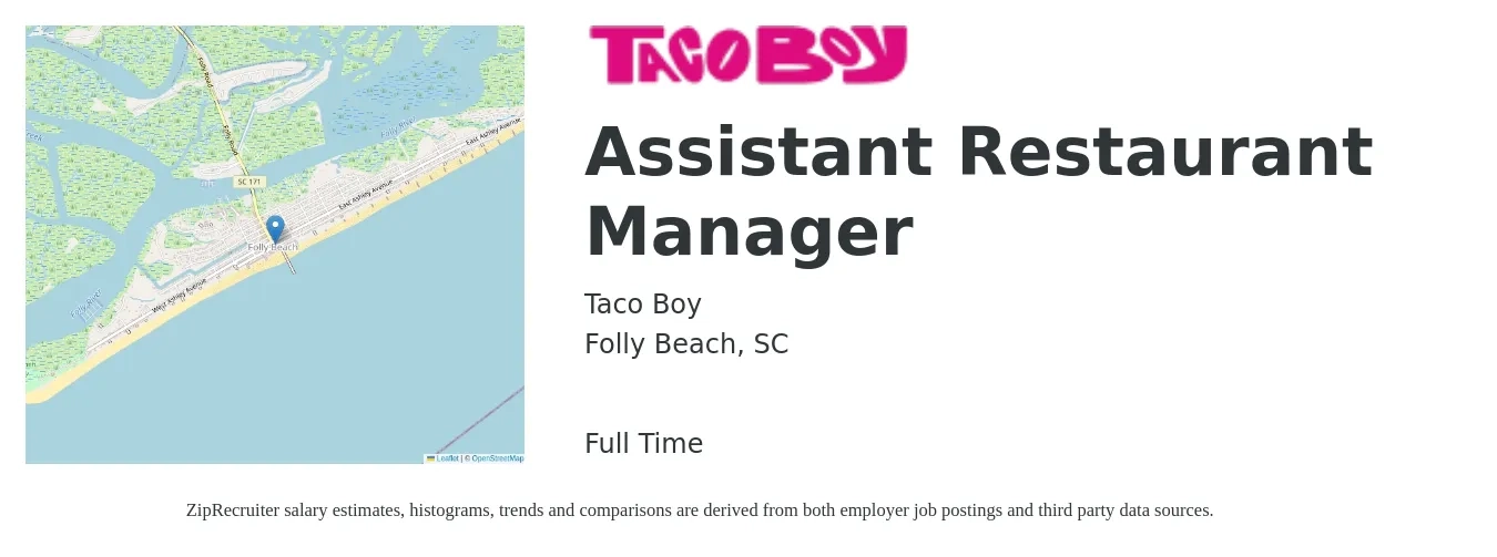 Taco Boy job posting for a Assistant Restaurant Manager in Folly Beach, SC with a salary of $17 to $25 Hourly with a map of Folly Beach location.