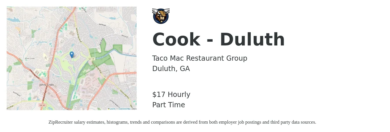 Taco Mac Restaurant Group job posting for a Cook - Duluth in Duluth, GA with a salary of $18 Hourly with a map of Duluth location.