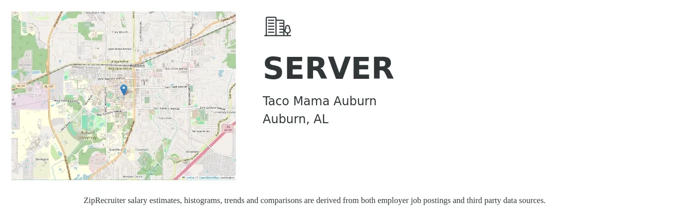 Taco Mama Auburn job posting for a SERVER in Auburn, AL with a salary of $9 to $16 Hourly with a map of Auburn location.