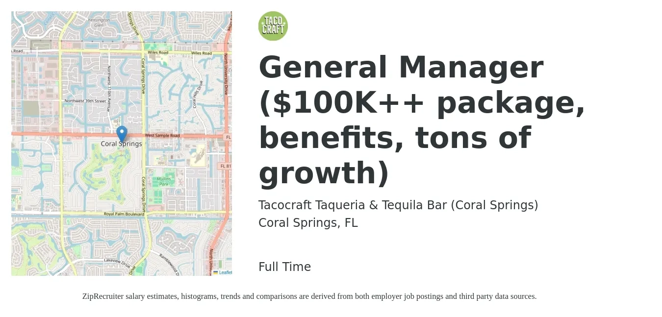 Tacocraft Taqueria & Tequila Bar (Coral Springs) job posting for a General Manager ($100K++ package, benefits, tons of growth) in Coral Springs, FL with a salary of $47,100 to $70,500 Yearly with a map of Coral Springs location.