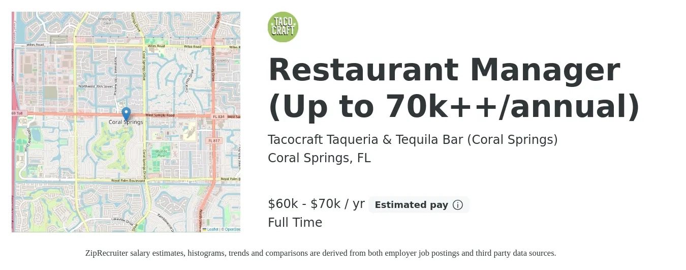 Tacocraft Taqueria & Tequila Bar (Coral Springs) job posting for a Restaurant Manager (Up to 70k++/annual) in Coral Springs, FL with a salary of $60,000 to $70,000 Yearly with a map of Coral Springs location.