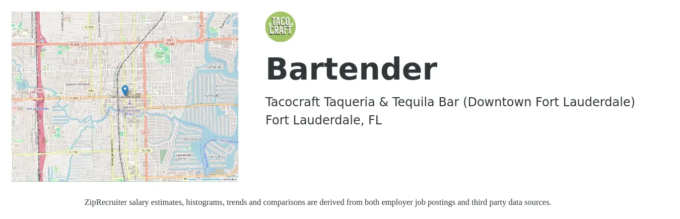 Tacocraft Taqueria & Tequila Bar (Downtown Fort Lauderdale) job posting for a Bartender in Fort Lauderdale, FL with a salary of $10 to $18 Hourly with a map of Fort Lauderdale location.