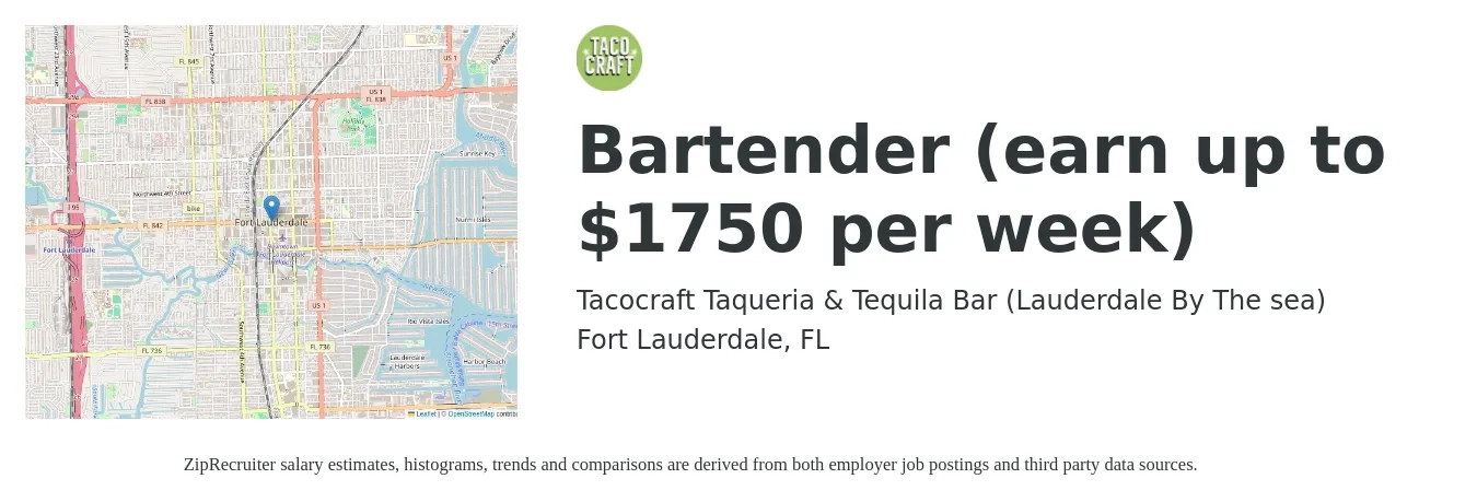 Tacocraft Taqueria & Tequila Bar (Lauderdale By The sea) job posting for a Bartender (earn up to $1750 per week) in Fort Lauderdale, FL with a salary of $1,750 Weekly with a map of Fort Lauderdale location.