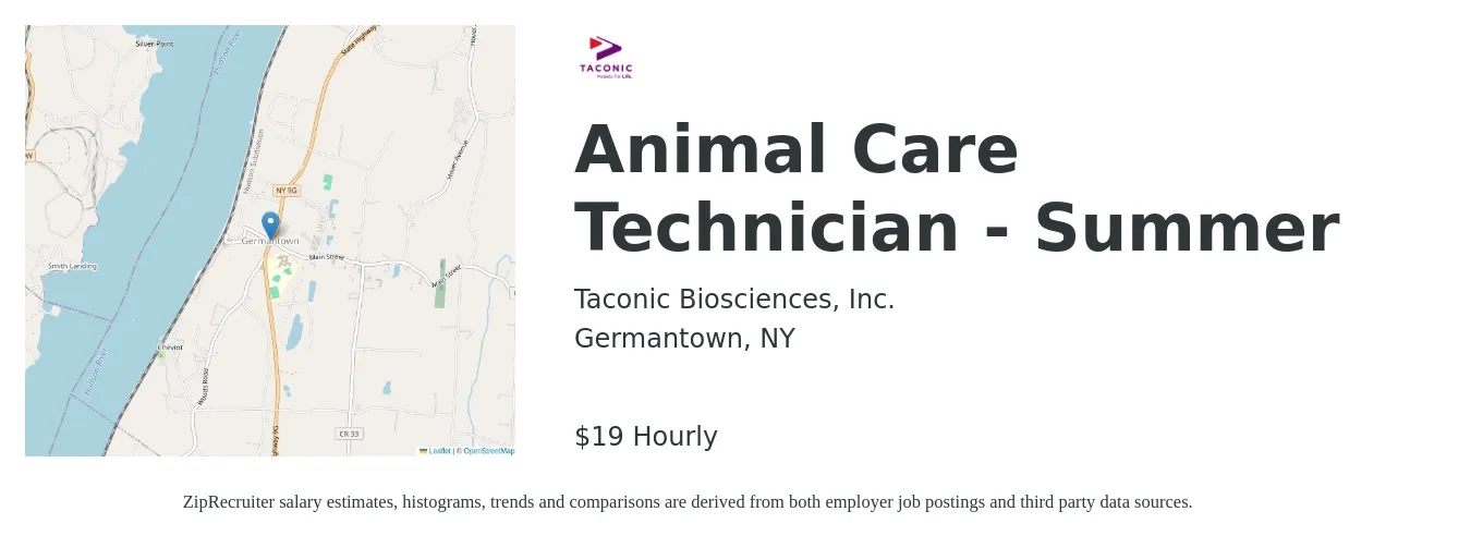 Taconic Biosciences, Inc. job posting for a Animal Care Technician - Summer in Germantown, NY with a salary of $20 Hourly with a map of Germantown location.