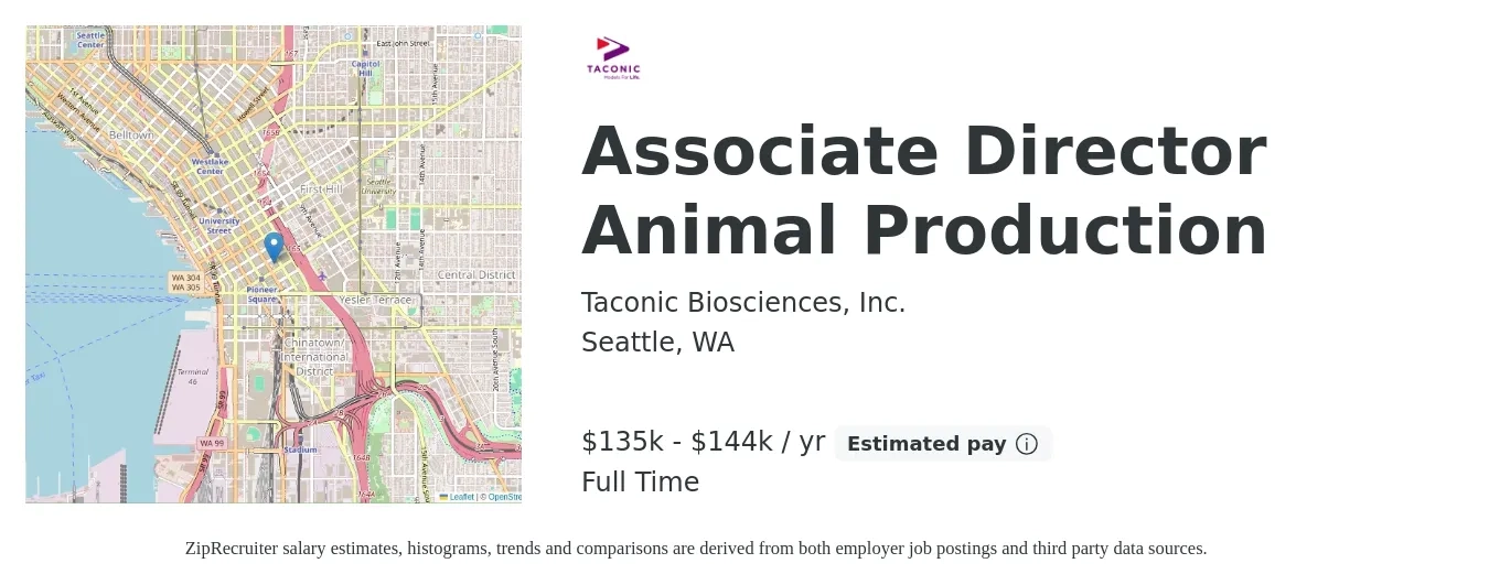 Taconic Biosciences, Inc. job posting for a Associate Director Animal Production in Seattle, WA with a salary of $135,000 to $144,000 Yearly with a map of Seattle location.