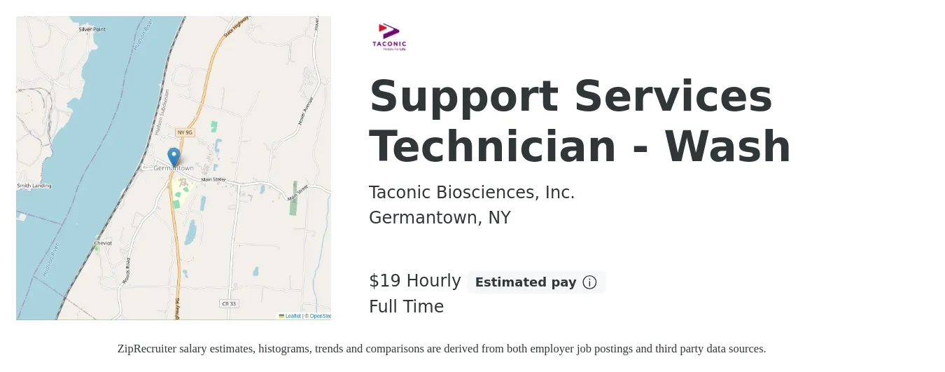 Taconic Biosciences, Inc. job posting for a Support Services Technician - Wash in Germantown, NY with a salary of $20 Hourly with a map of Germantown location.