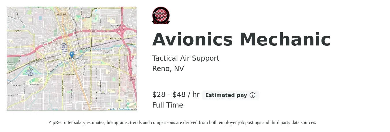 Tactical Air Support job posting for a Avionics Mechanic in Reno, NV with a salary of $30 to $50 Hourly with a map of Reno location.
