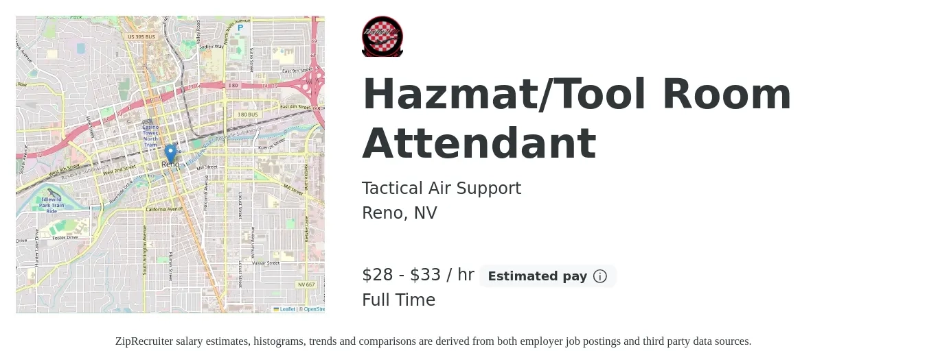 Tactical Air Support job posting for a Hazmat/Tool Room Attendant in Reno, NV with a salary of $30 to $35 Hourly with a map of Reno location.