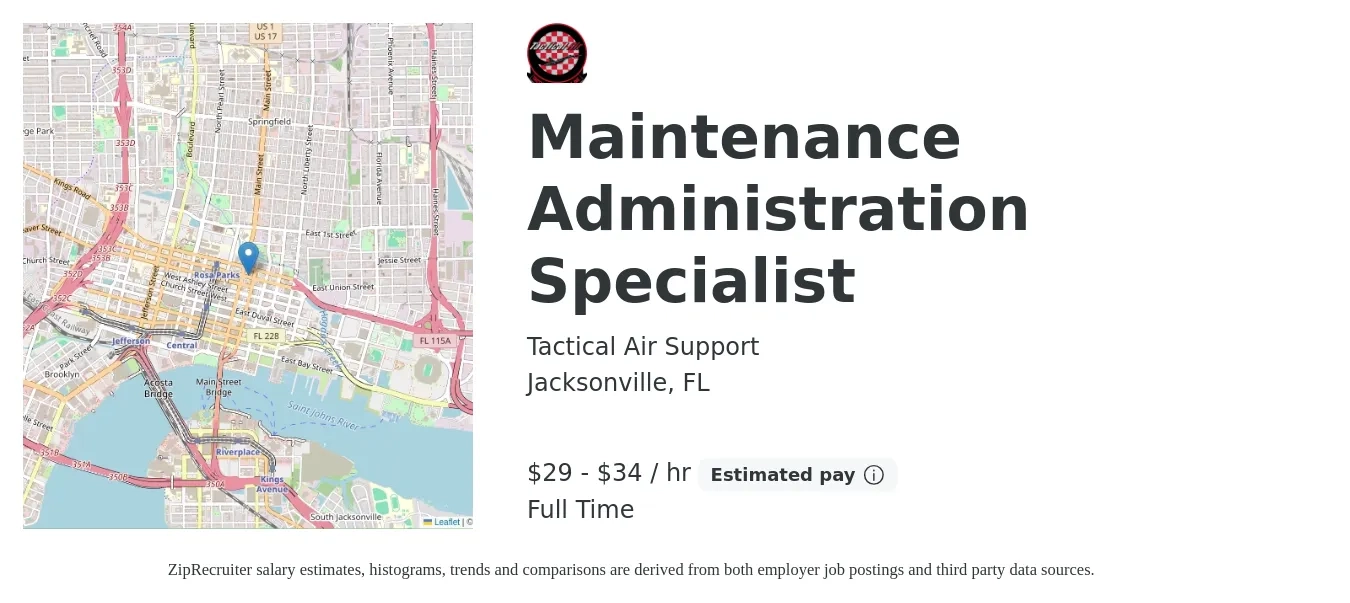 Tactical Air Support job posting for a Maintenance Administration Specialist in Jacksonville, FL with a salary of $31 to $36 Hourly with a map of Jacksonville location.