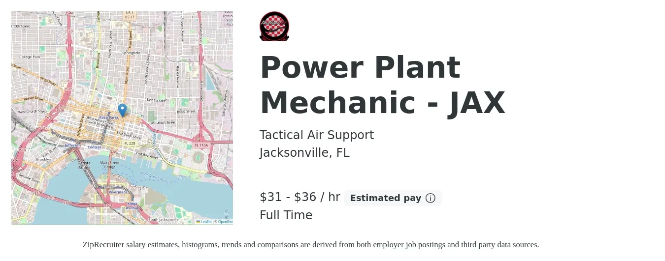Tactical Air Support job posting for a Power Plant Mechanic - JAX in Jacksonville, FL with a salary of $33 to $38 Hourly with a map of Jacksonville location.