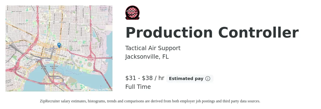 Tactical Air Support job posting for a Production Controller in Jacksonville, FL with a salary of $33 to $40 Hourly with a map of Jacksonville location.