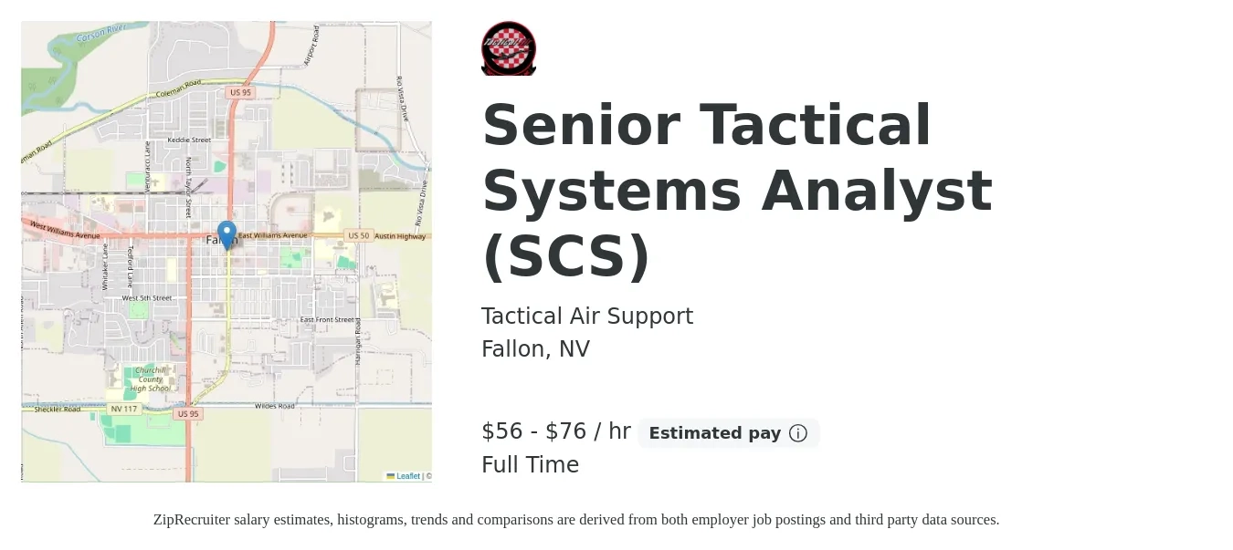 Tactical Air Support job posting for a Senior Tactical Systems Analyst (SCS) in Fallon, NV with a salary of $59 to $80 Hourly with a map of Fallon location.