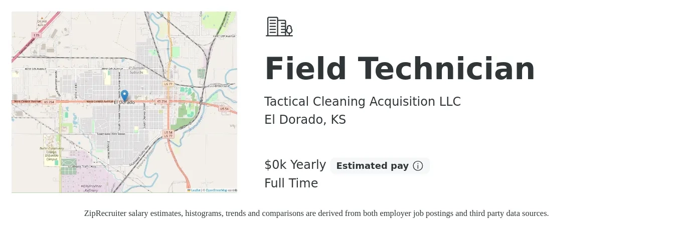 Tactical Cleaning Acquisition LLC job posting for a Field Technician in El Dorado, KS with a salary of $18 to $19 Hourly with a map of El Dorado location.