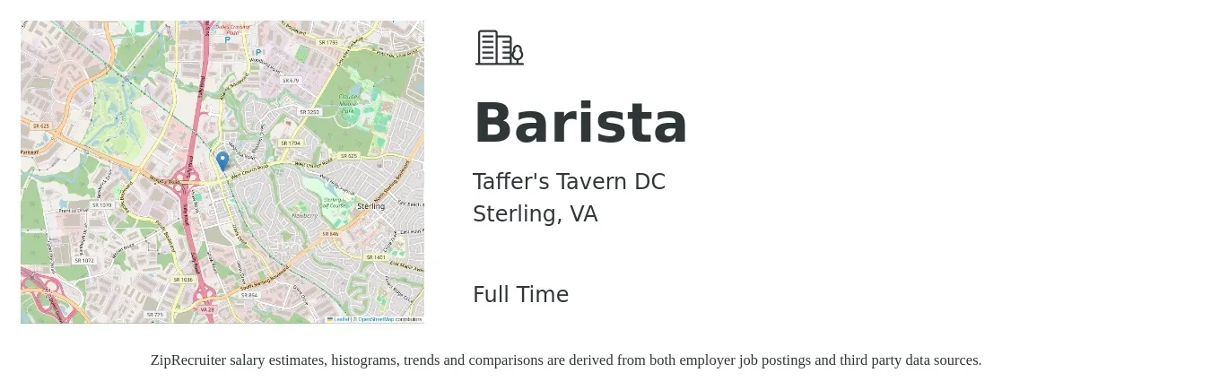 Taffer's Tavern DC job posting for a Barista in Sterling, VA with a salary of $16 to $18 Hourly with a map of Sterling location.