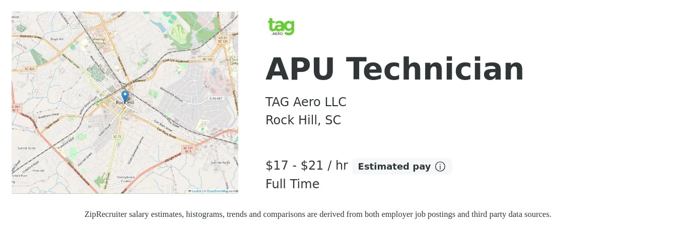 TAG Aero LLC job posting for a APU Technician in Rock Hill, SC with a salary of $18 to $22 Hourly with a map of Rock Hill location.
