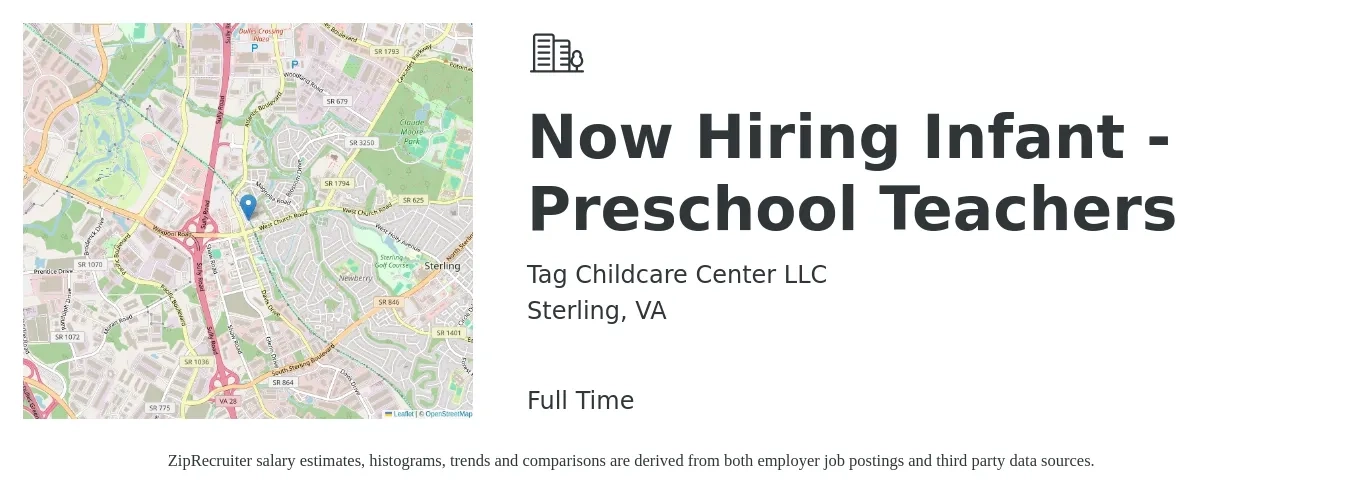Tag Childcare Center LLC job posting for a Now Hiring Infant - Preschool Teachers in Sterling, VA with a salary of $14 to $18 Hourly with a map of Sterling location.