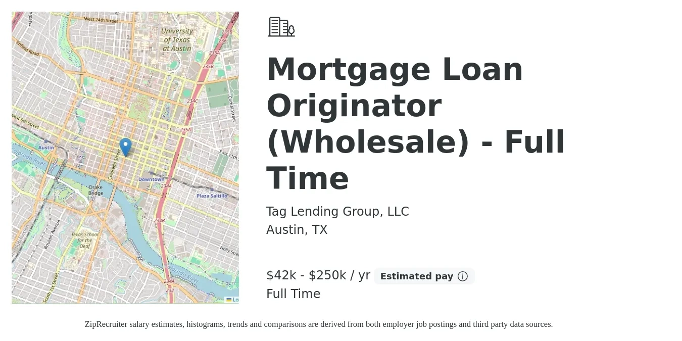 Tag Lending Group, LLC job posting for a Mortgage Loan Originator (Wholesale) - Full Time in Austin, TX with a salary of $42,000 to $250,000 Yearly with a map of Austin location.