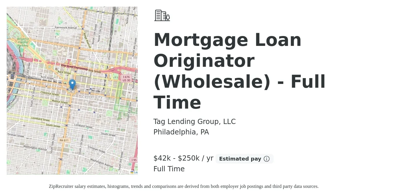 Tag Lending Group, LLC job posting for a Mortgage Loan Originator (Wholesale) - Full Time in Philadelphia, PA with a salary of $42,000 to $250,000 Yearly with a map of Philadelphia location.