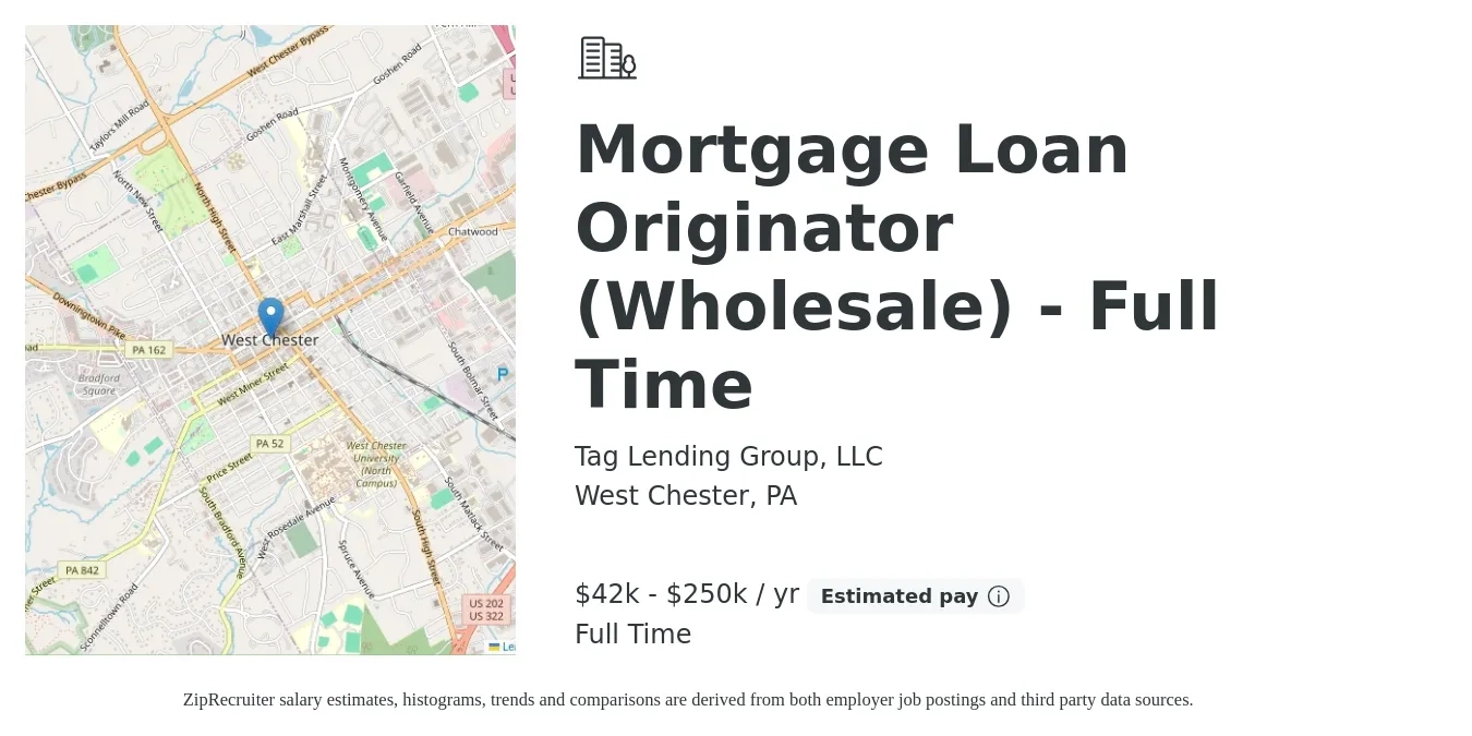 Tag Lending Group, LLC job posting for a Mortgage Loan Originator (Wholesale) - Full Time in West Chester, PA with a salary of $42,000 to $250,000 Yearly with a map of West Chester location.