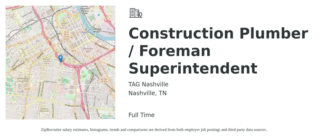 TAG Nashville job posting for a Construction Plumber / Foreman Superintendent in Nashville, TN with a salary of $68,600 to $111,600 Yearly with a map of Nashville location.