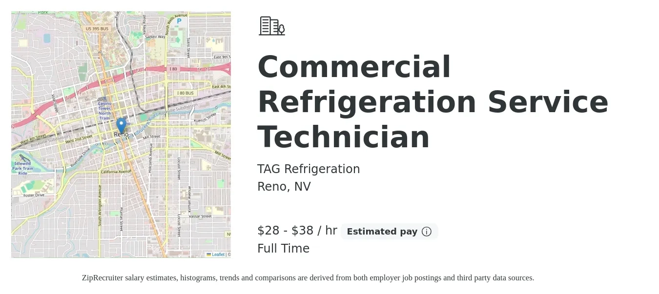 TAG Refrigeration job posting for a Commercial Refrigeration Service Technician in Reno, NV with a salary of $30 to $40 Hourly with a map of Reno location.
