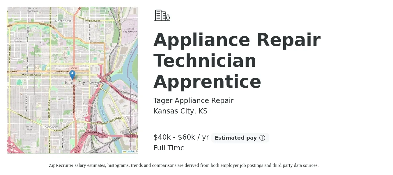 Tager Appliance Repair job posting for a Appliance Repair Technician Apprentice in Kansas City, KS with a salary of $520 to $820 Weekly with a map of Kansas City location.