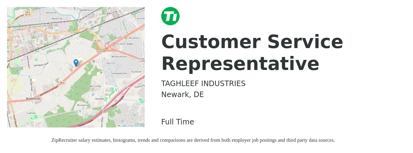 TAGHLEEF INDUSTRIES job posting for a Customer Service Representative in Newark, DE with a salary of $16 to $21 Hourly with a map of Newark location.