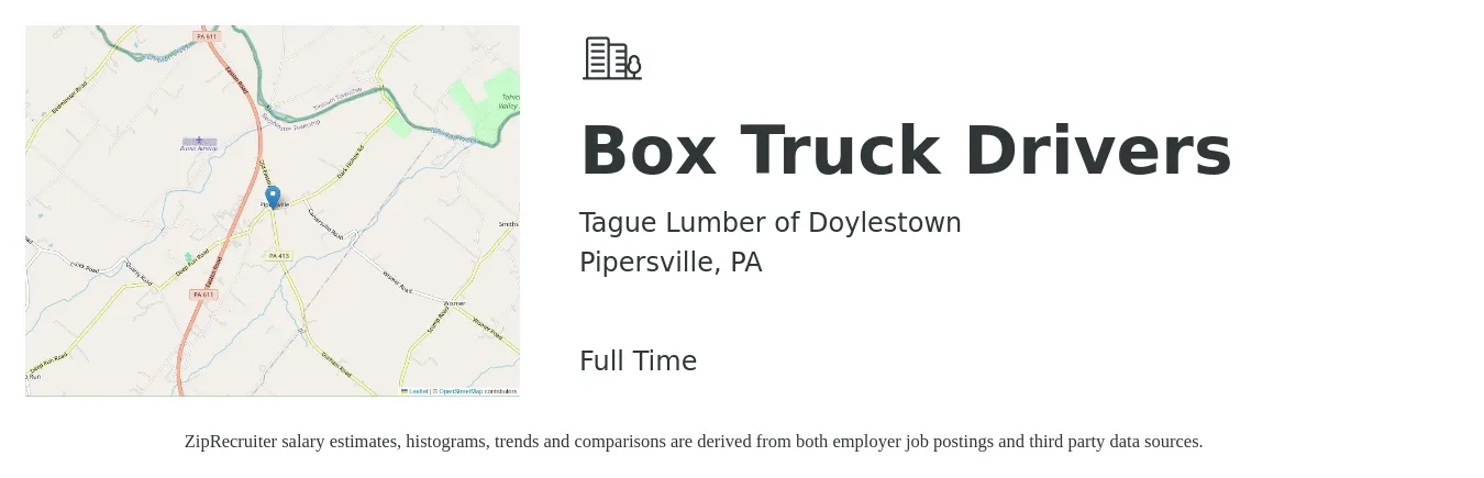 Tague Lumber of Doylestown job posting for a Box Truck Drivers in Pipersville, PA with a salary of $18 to $23 Hourly with a map of Pipersville location.
