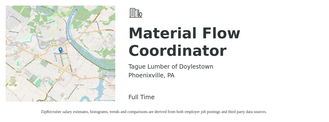 Tague Lumber of Doylestown job posting for a Material Flow Coordinator in Phoenixville, PA with a salary of $20 to $28 Hourly with a map of Phoenixville location.