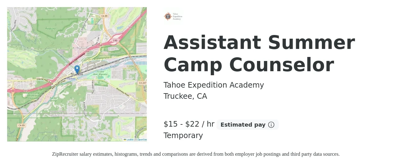 Tahoe Expedition Academy job posting for a Assistant Summer Camp Counselor in Truckee, CA with a salary of $16 to $24 Hourly with a map of Truckee location.