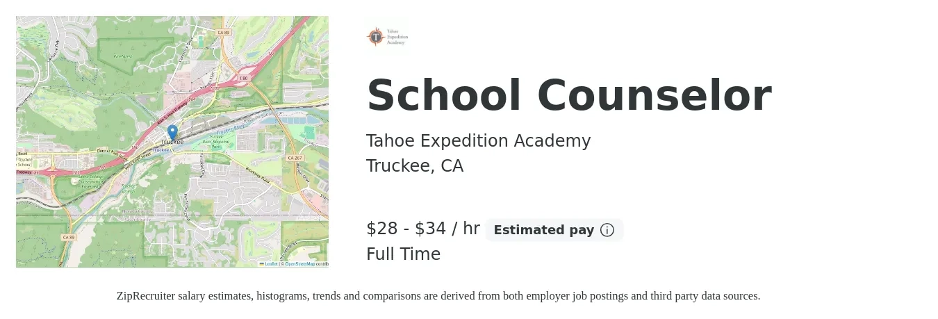 Tahoe Expedition Academy job posting for a School Counselor in Truckee, CA with a salary of $30 to $36 Hourly with a map of Truckee location.