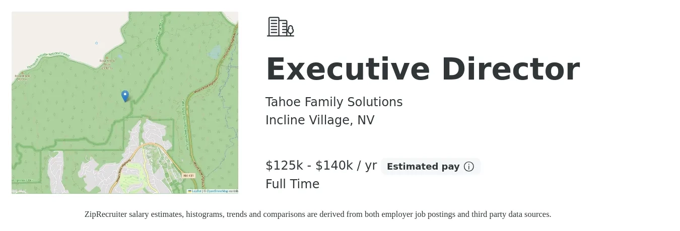 Tahoe Family Solutions job posting for a Executive Director in Incline Village, NV with a salary of $125,000 to $140,000 Yearly and benefits including pto with a map of Incline Village location.