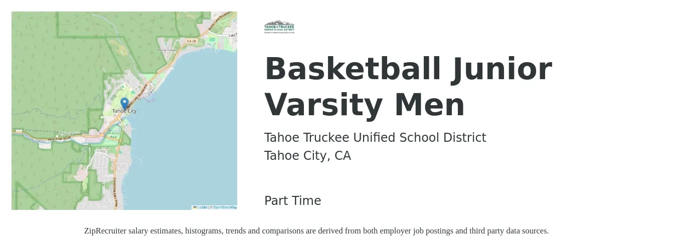 Tahoe Truckee Unified School District job posting for a Basketball Junior Varsity Men in Tahoe City, CA with a salary of $18 to $34 Hourly with a map of Tahoe City location.