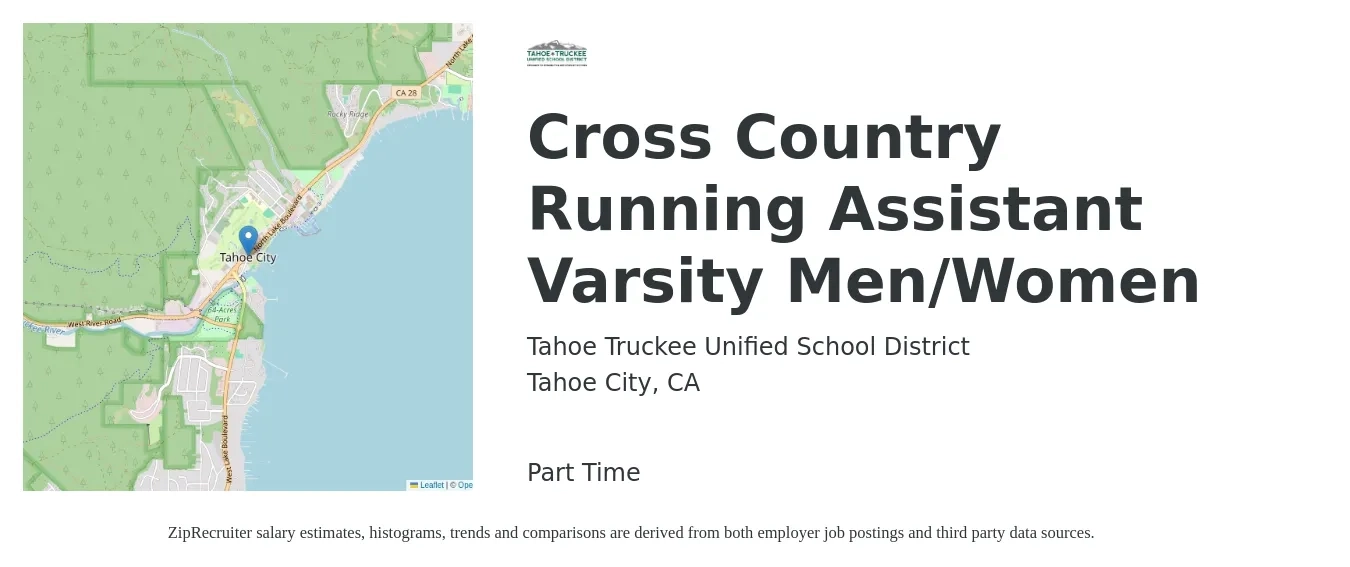 Tahoe Truckee Unified School District job posting for a Cross Country Running Assistant Varsity Men/Women in Tahoe City, CA with a salary of $19 to $25 Hourly with a map of Tahoe City location.