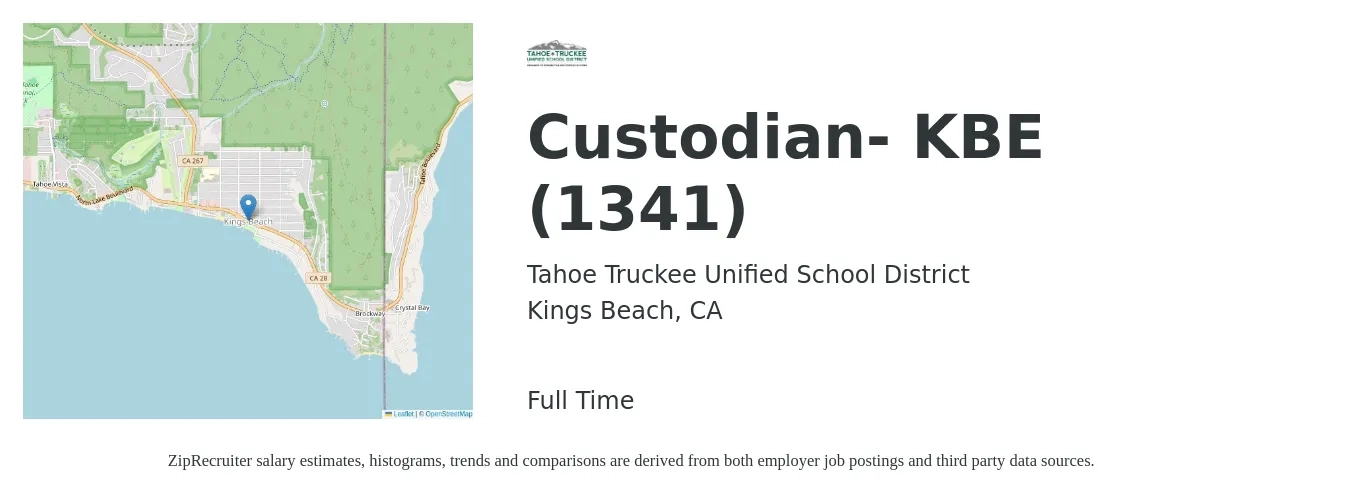 Tahoe Truckee Unified School District job posting for a Custodian- KBE (1341) in Kings Beach, CA with a salary of $16 to $22 Hourly with a map of Kings Beach location.