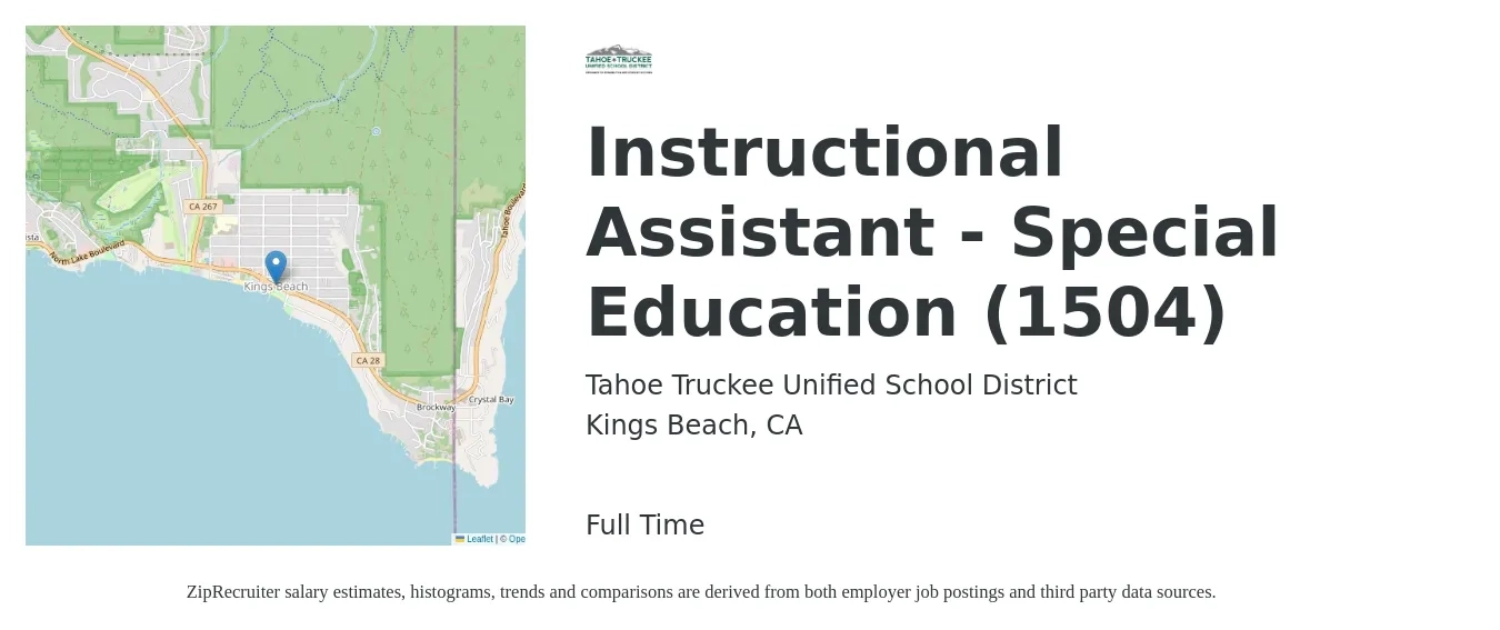 Tahoe Truckee Unified School District job posting for a Instructional Assistant - Special Education (1504) in Kings Beach, CA with a salary of $16 to $22 Hourly with a map of Kings Beach location.